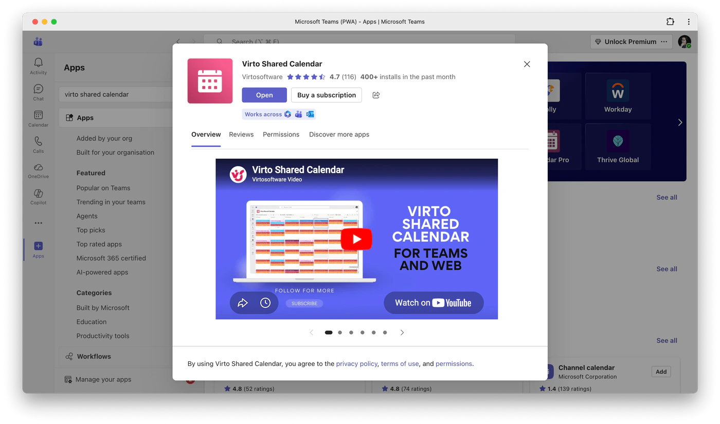 Virto Shared Calendar in the Microsoft Teams app store, with the Open button and the Works across Microsoft 365, Teams and Outlook badge