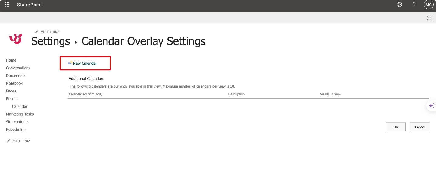Adding a new calendar in calendar overlay settings in SharePoint.