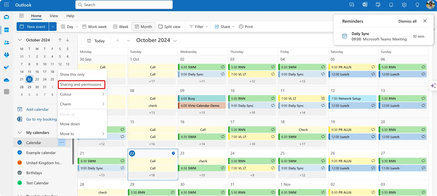Adjusting sharing permissions for your calendar.