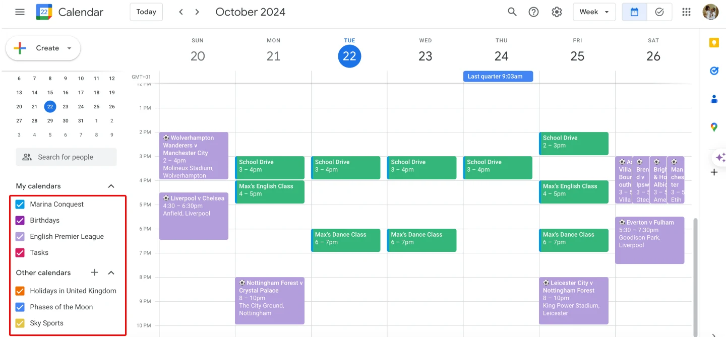 Overlaying different calendars in Google calendar.