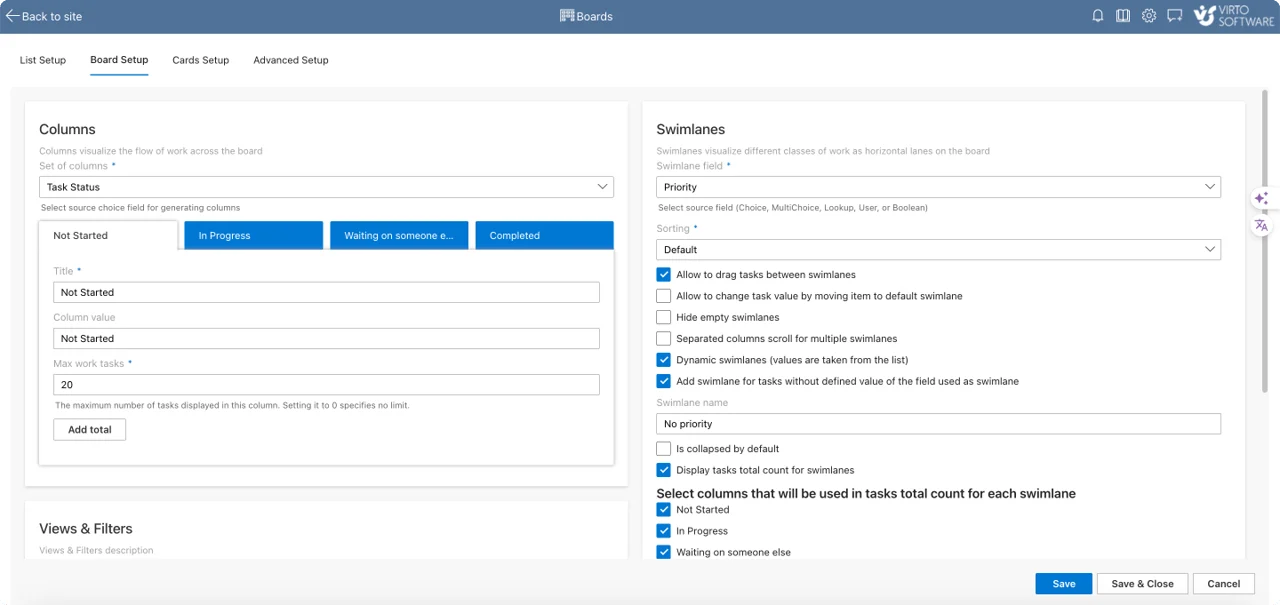 Board Setup overview screen