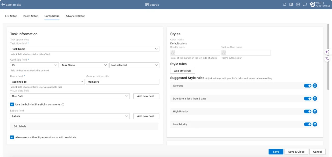 Card Setup overview screen