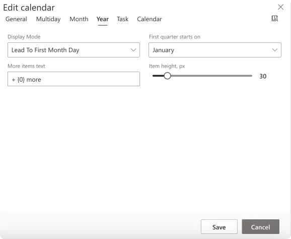 Changing annual view settings in the “Year” tab in Virto Calendar.