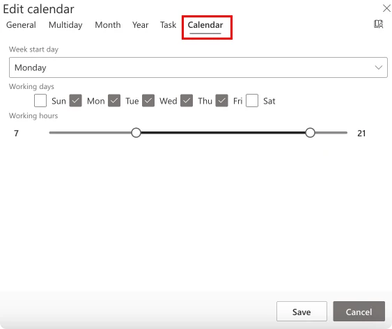 Changing day and weekly views in the “Calendar” tab within Virto Calendar settings.