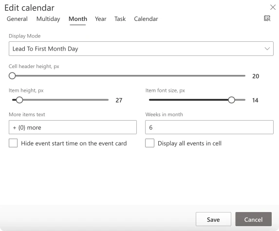 Changing monthly view settings in the “Month” tab in Virto Calendar.