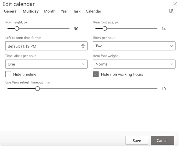Changing multiday view settings in the “Multiday” tab in Virto Calendar.
