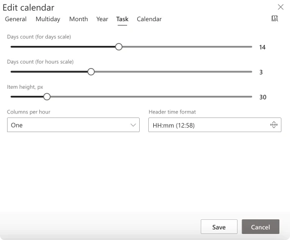 Changing task view settings in the “Task” tab in Virto Calendar.
