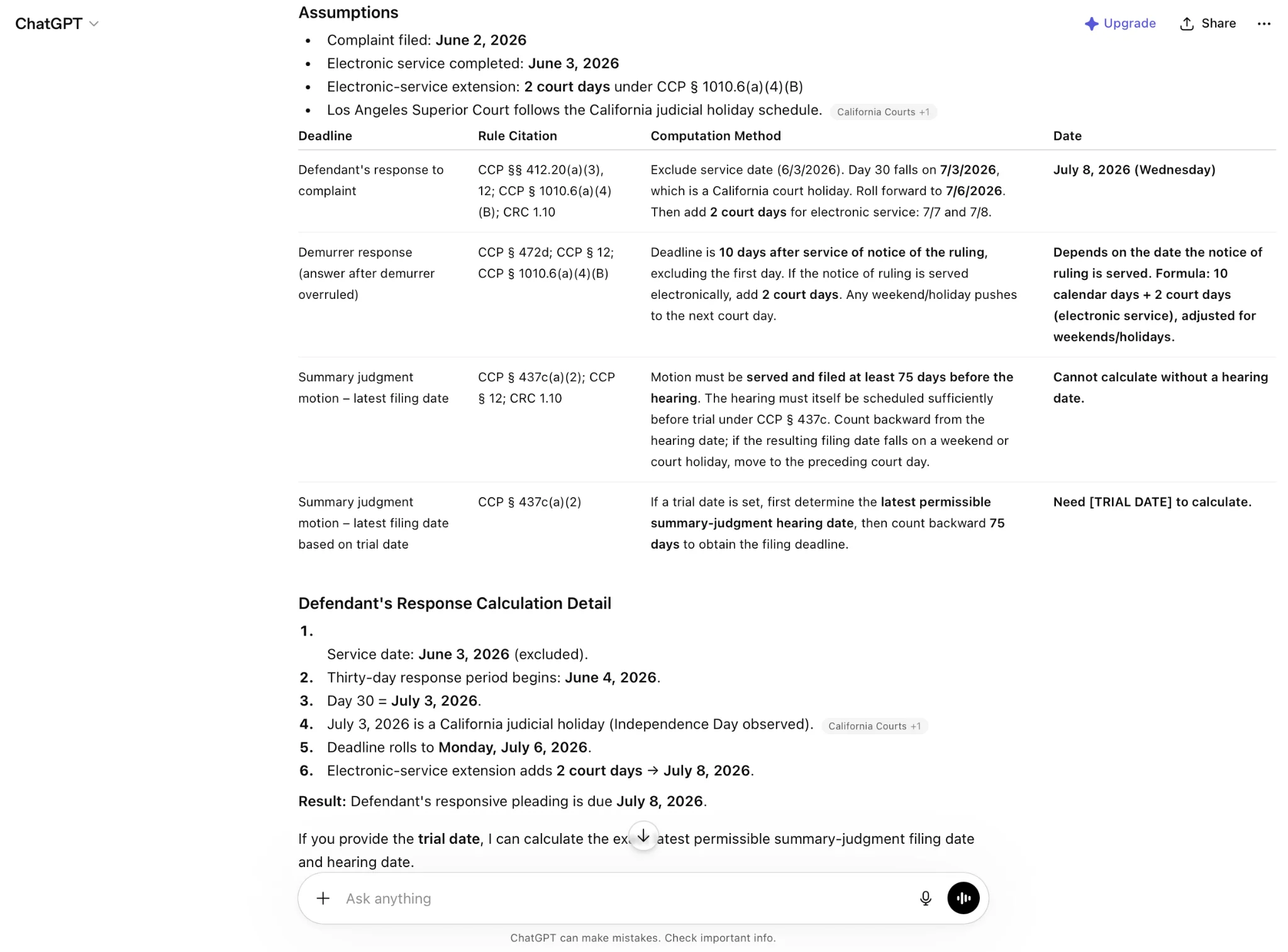 ChatGPT California CCP deadline output with rule citations