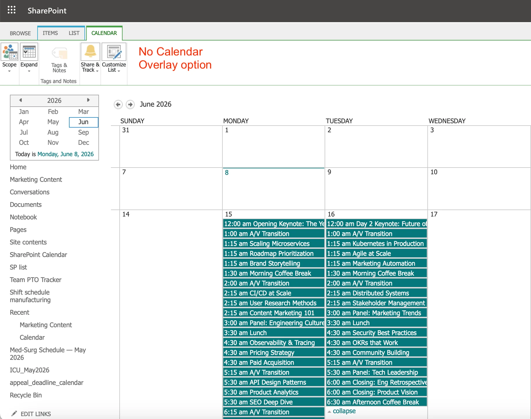 Classic SharePoint view with no overlay option