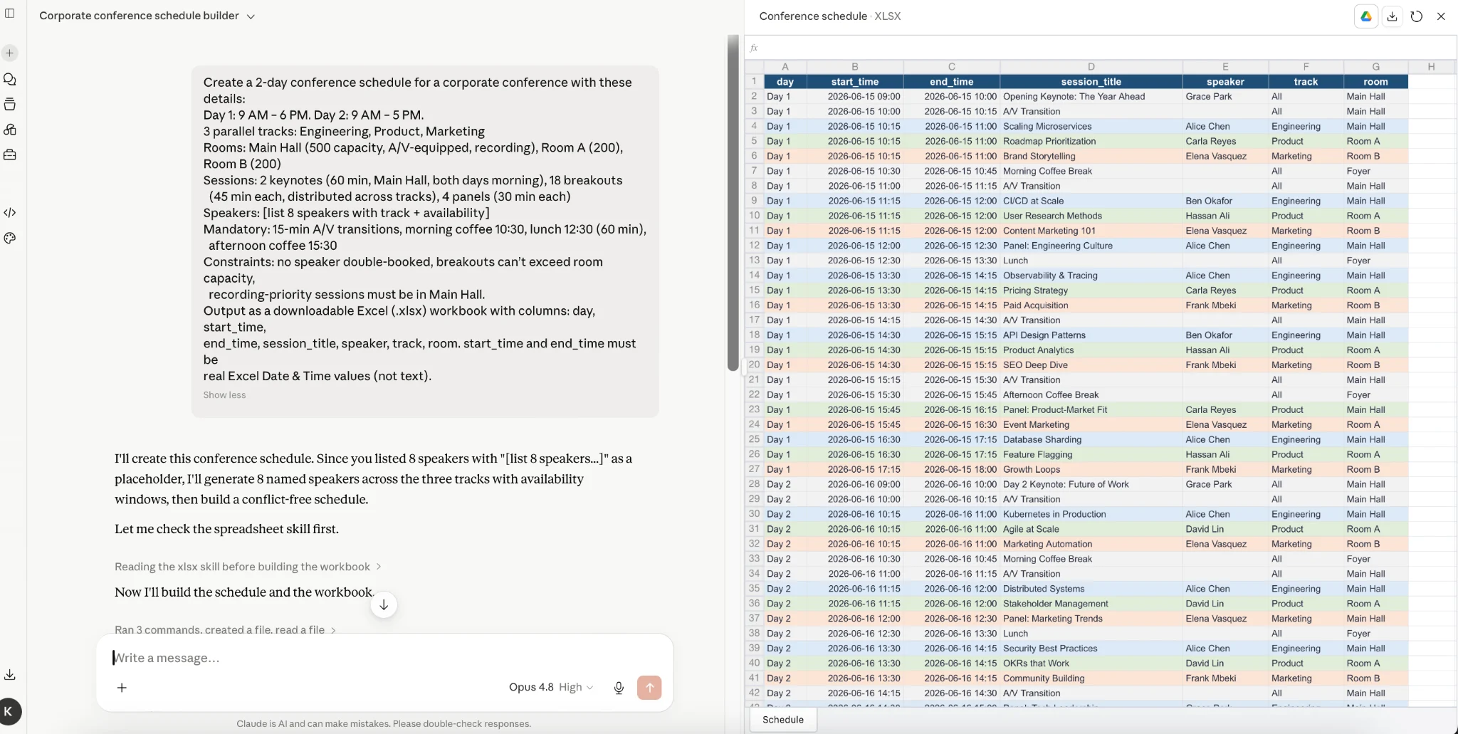 Screenshot of Prompt 1 running in Claude with downloadable xlsx workbook