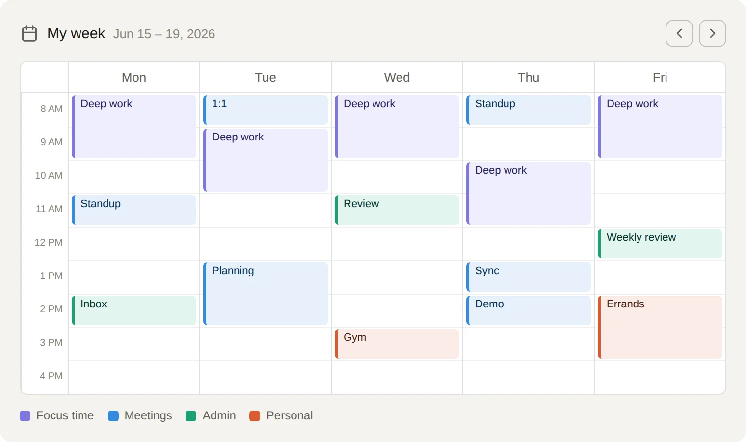 Color-coded calendar with dedicated focus-time blocks