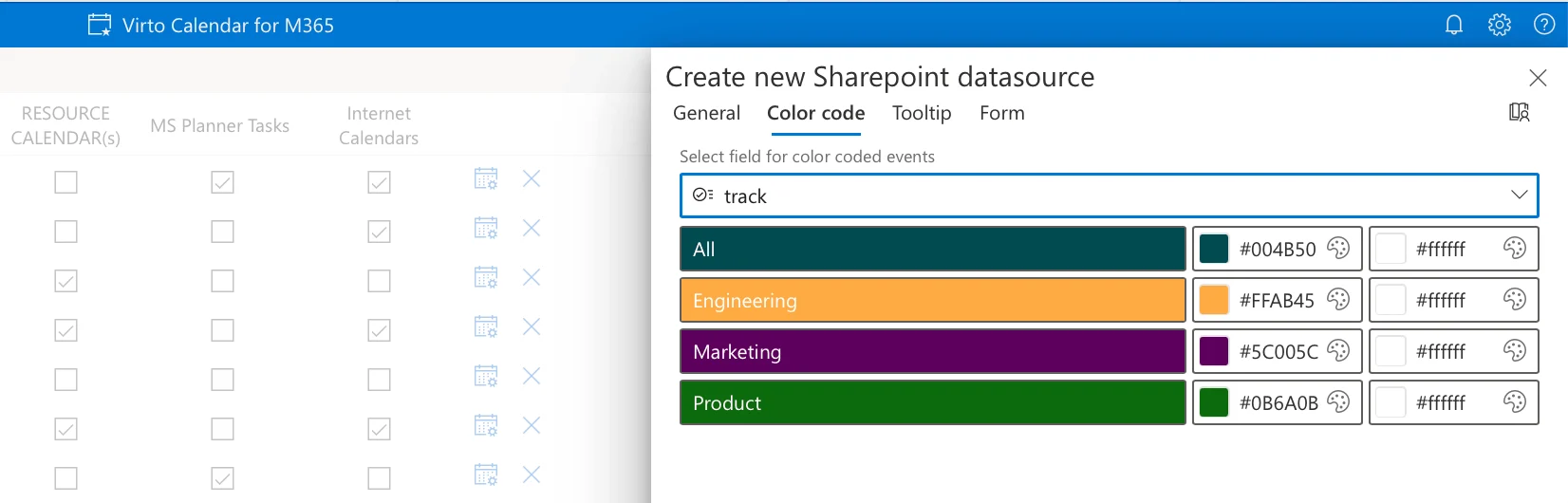 Color-coding and filter settings by source and category