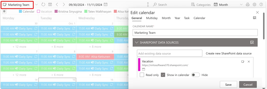 Editing calendar settings in Virto Calendar.