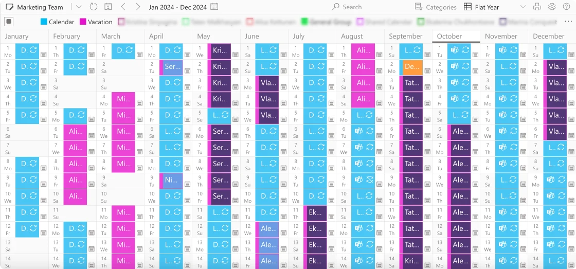 Example flat year view in Virto Calendar.