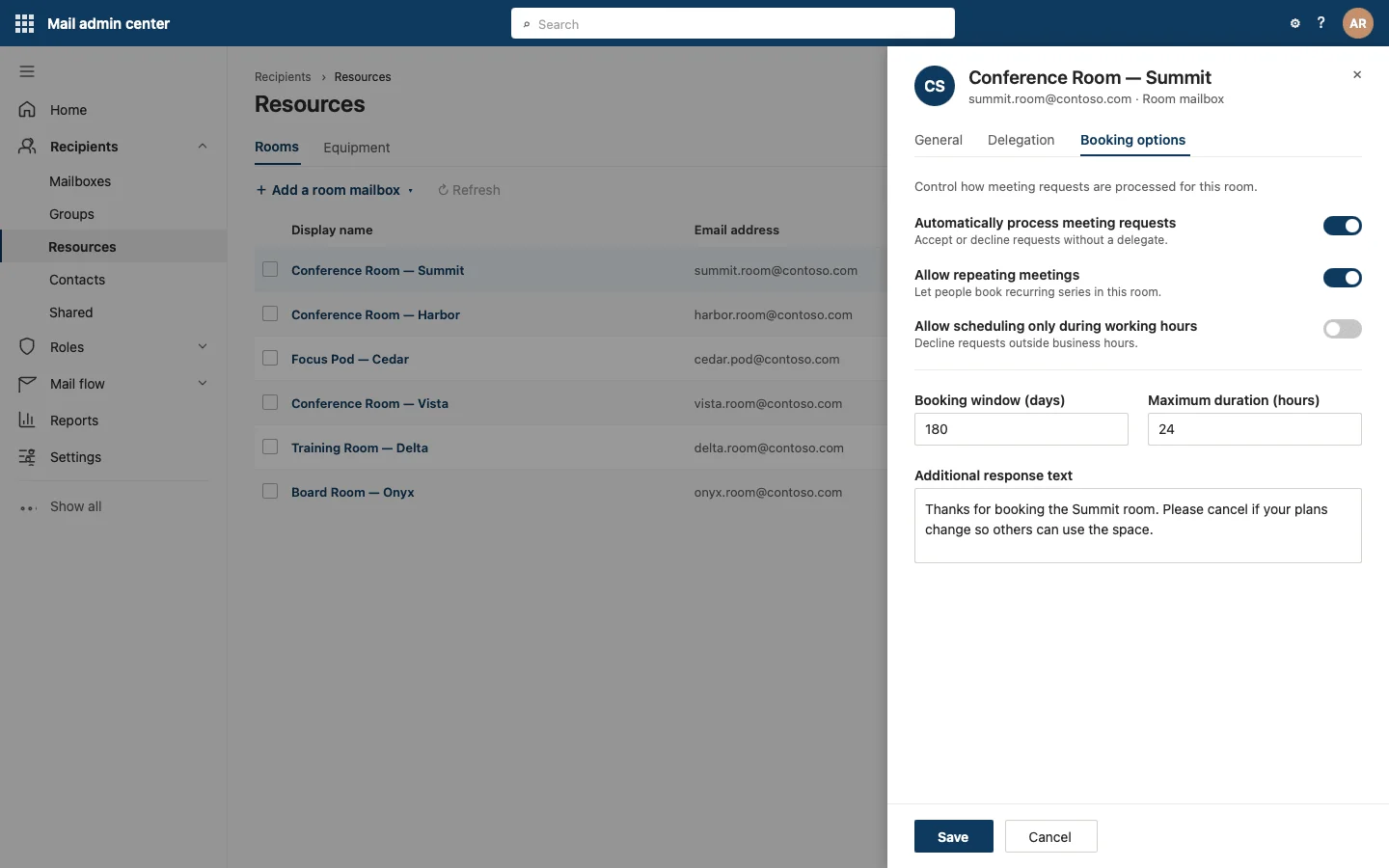 Exchange admin center room mailbox booking options