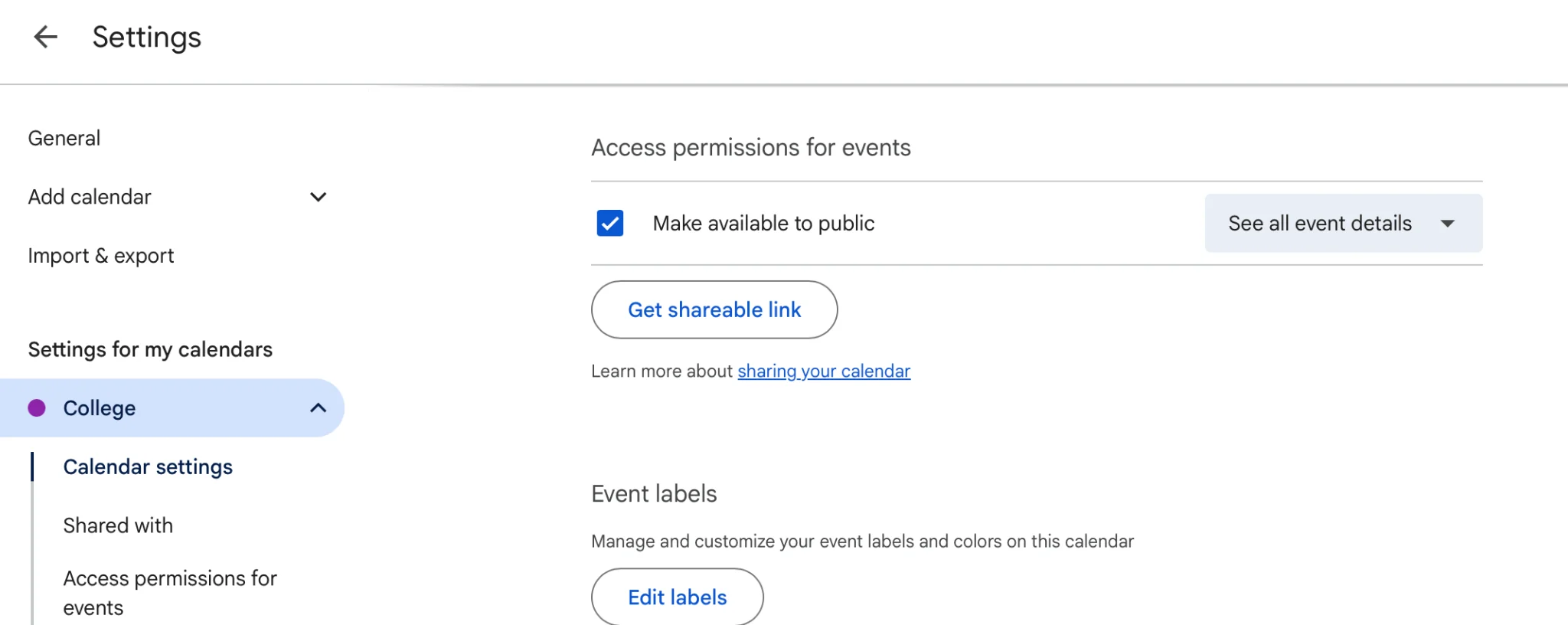 Google Calendar Settings and sharing access permissions
