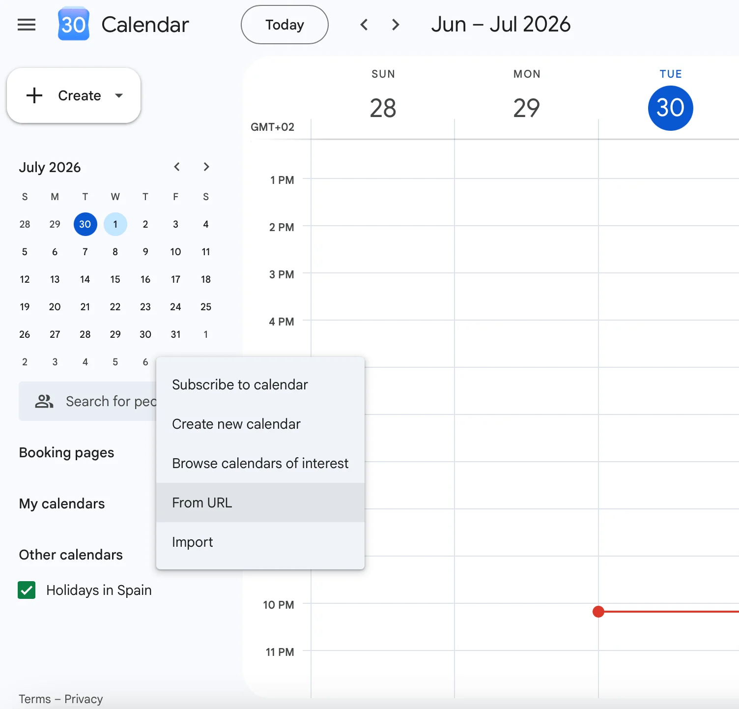 Google Calendar add from URL menu