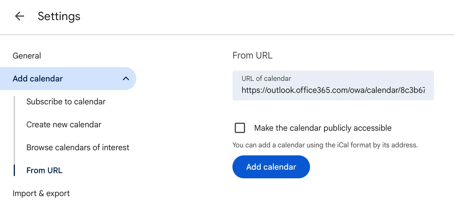 Google Calendar add calendar from URL field with ICS link pasted