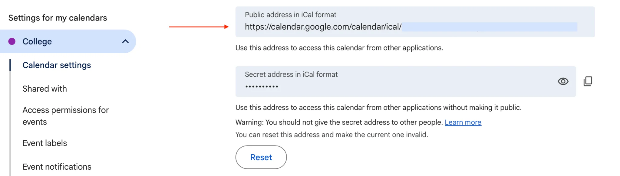 Google Calendar integrate calendar iCal format link