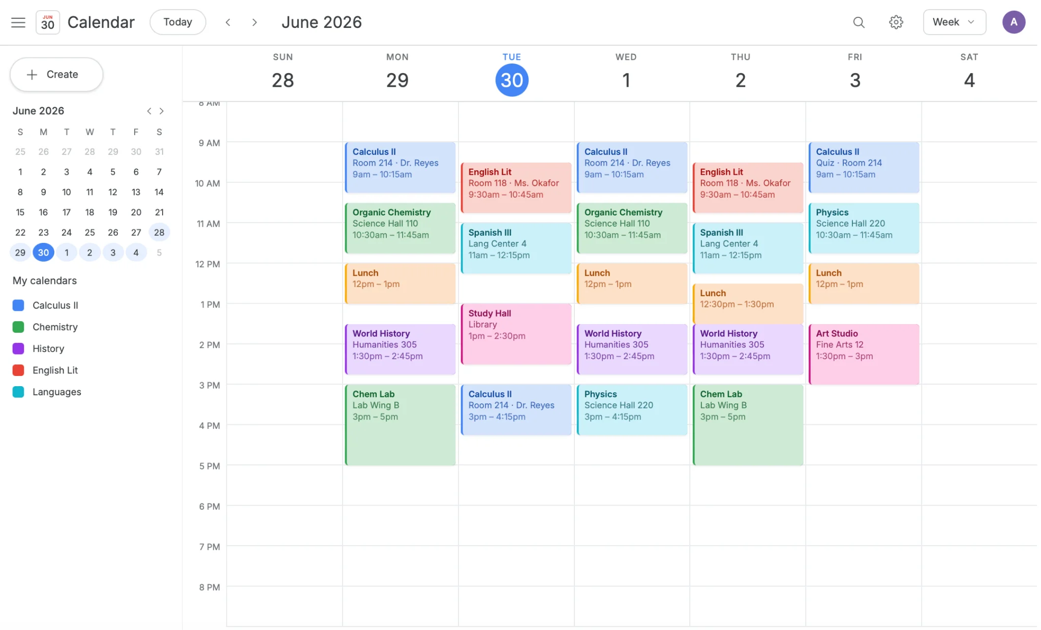 Google Calendar week view with color-coded class blocks