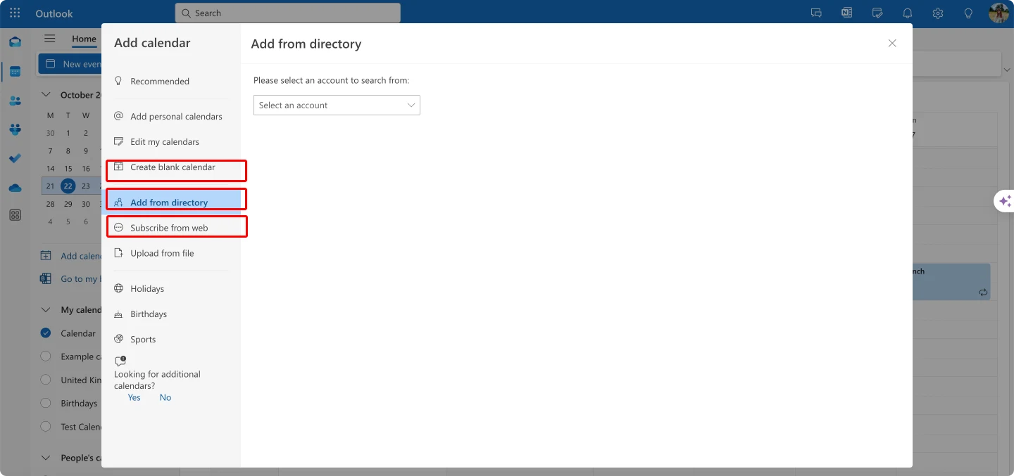 Adding a new calendar from directory, creating one from scratch, or subscribing to one from the web.