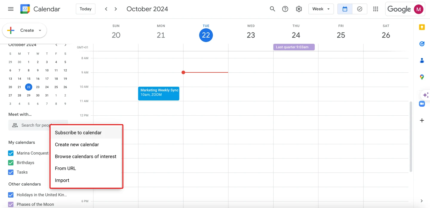 Adding a new calendar in Google calendar.