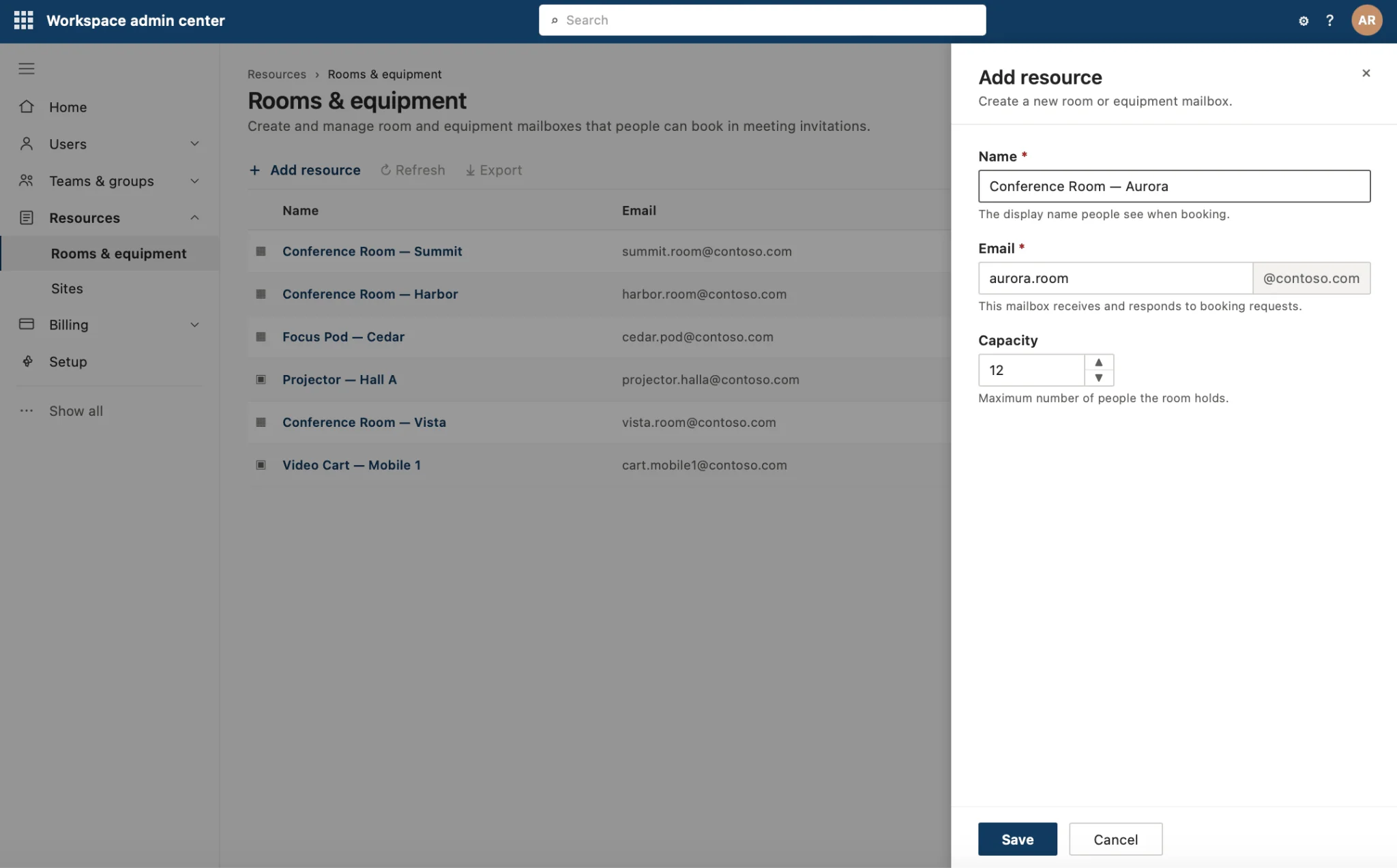 Add resource panel with Name, Email, and Capacity fields