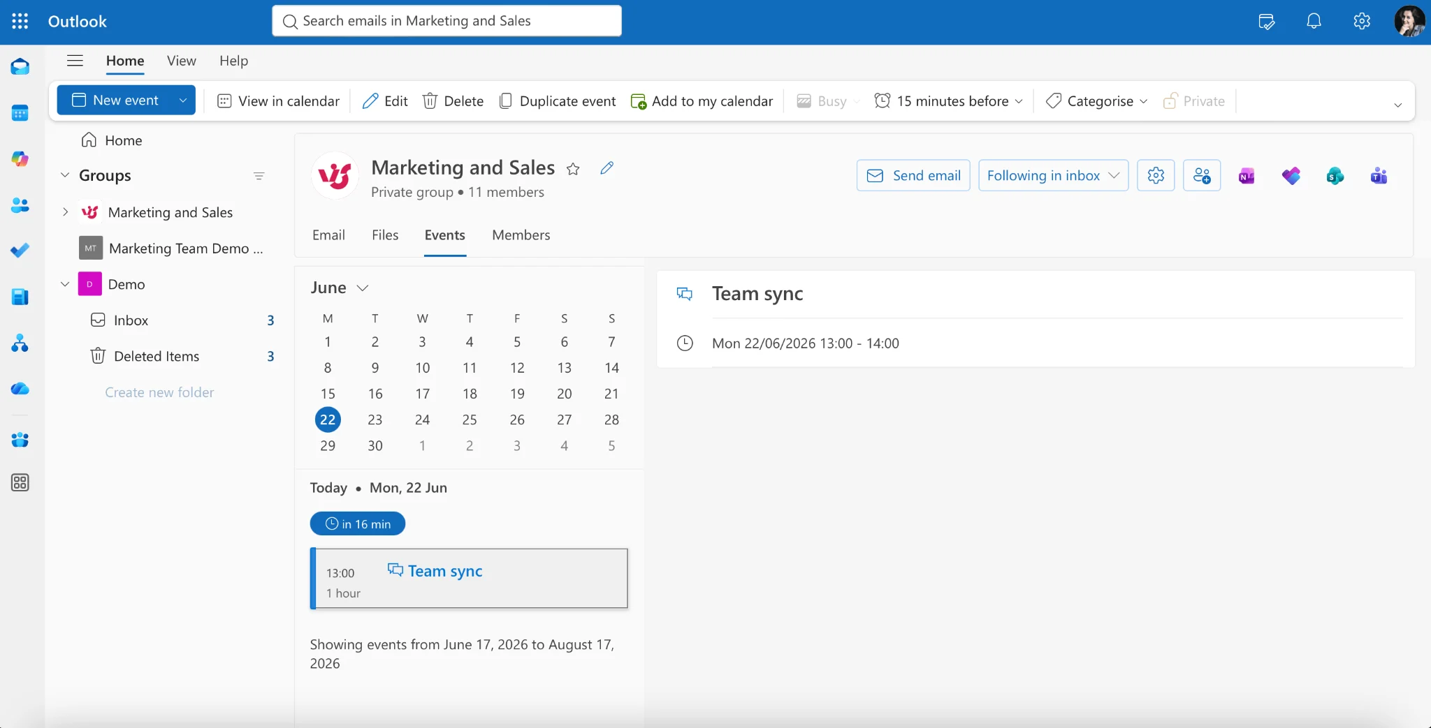 Opening a Microsoft 365 Group calendar in Outlook
