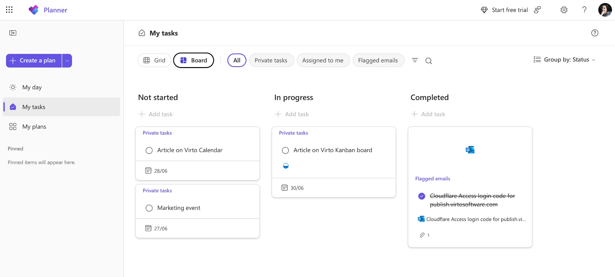 Microsoft Planner board view with task buckets
