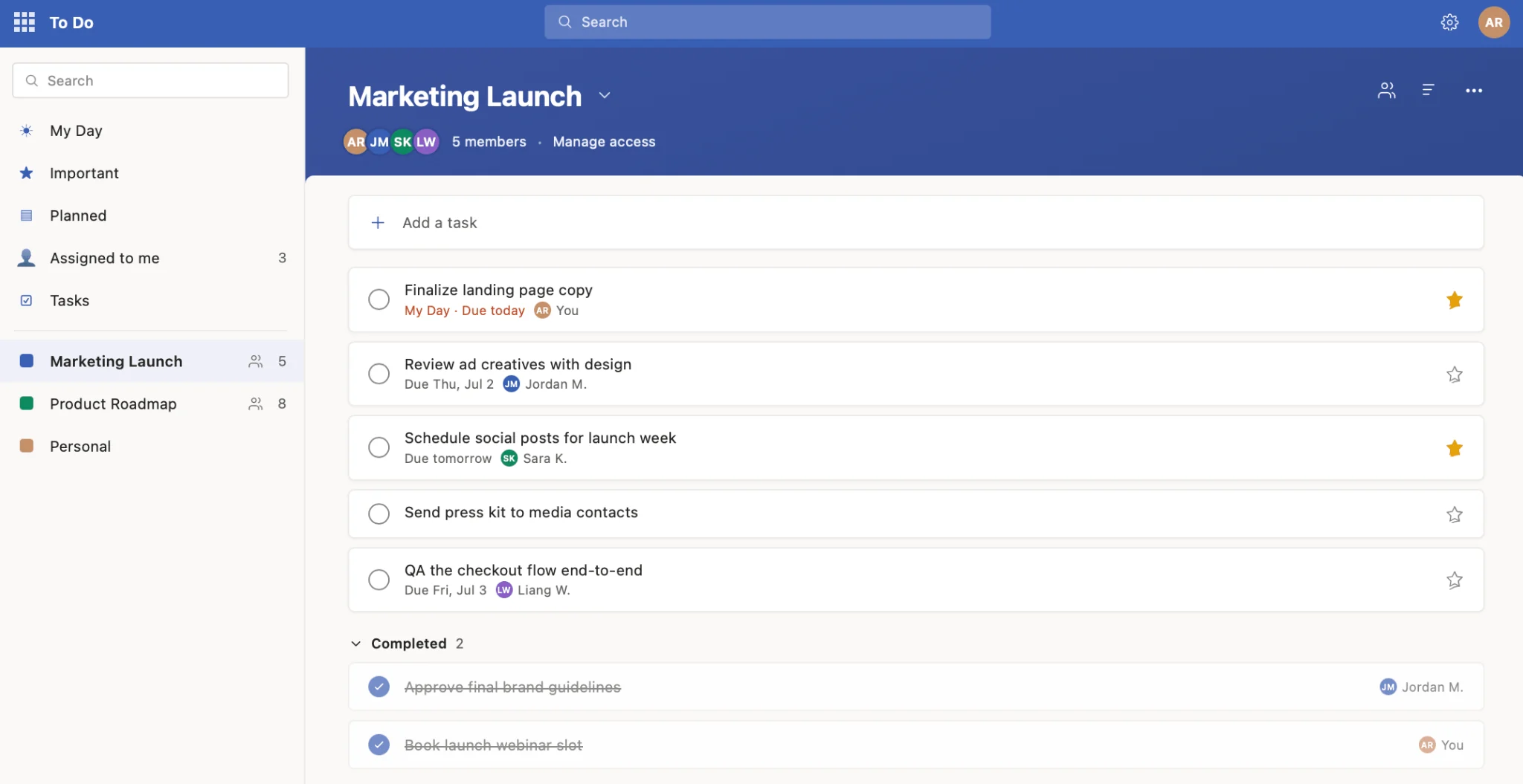 Microsoft To Do shared list view