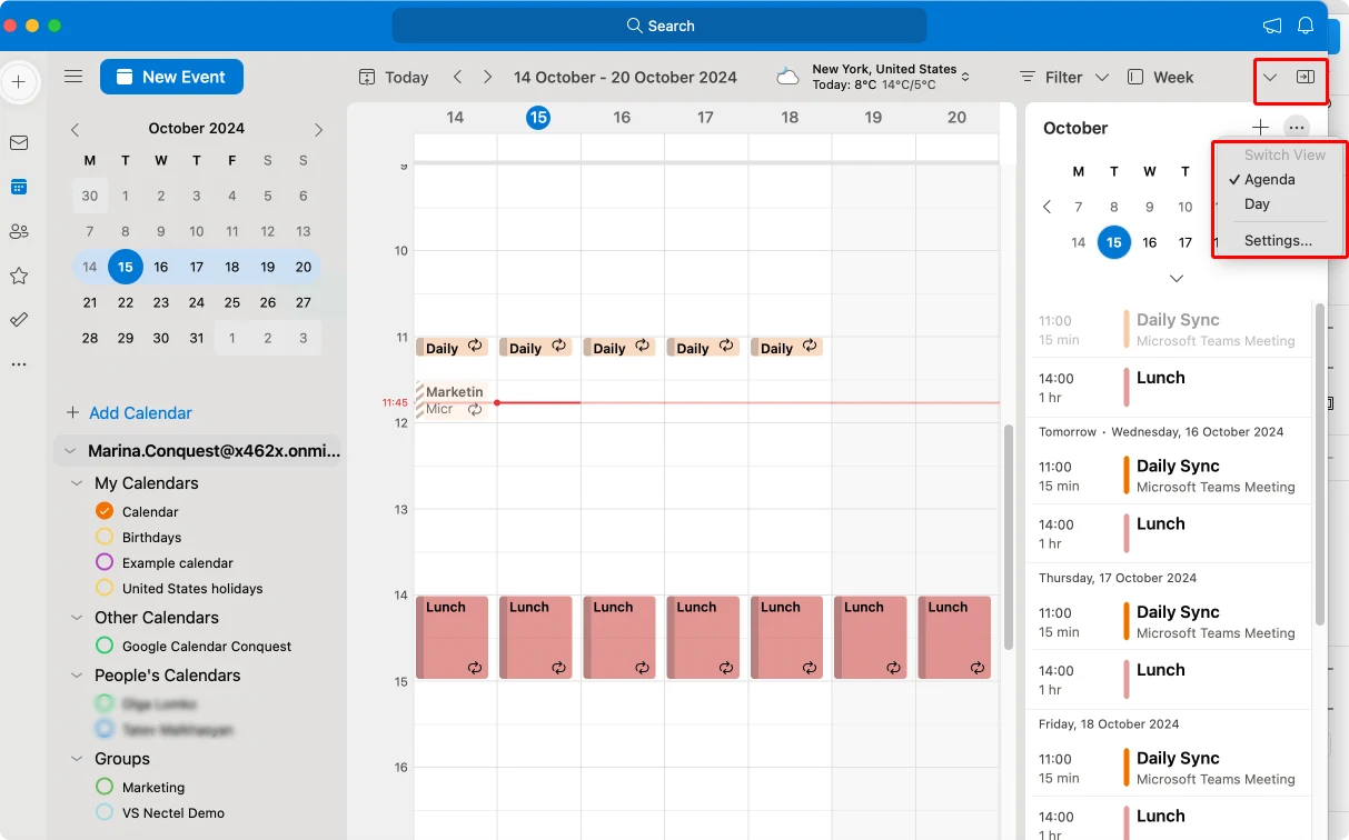 Navigating to the Agenda view in Outlook for Mac.