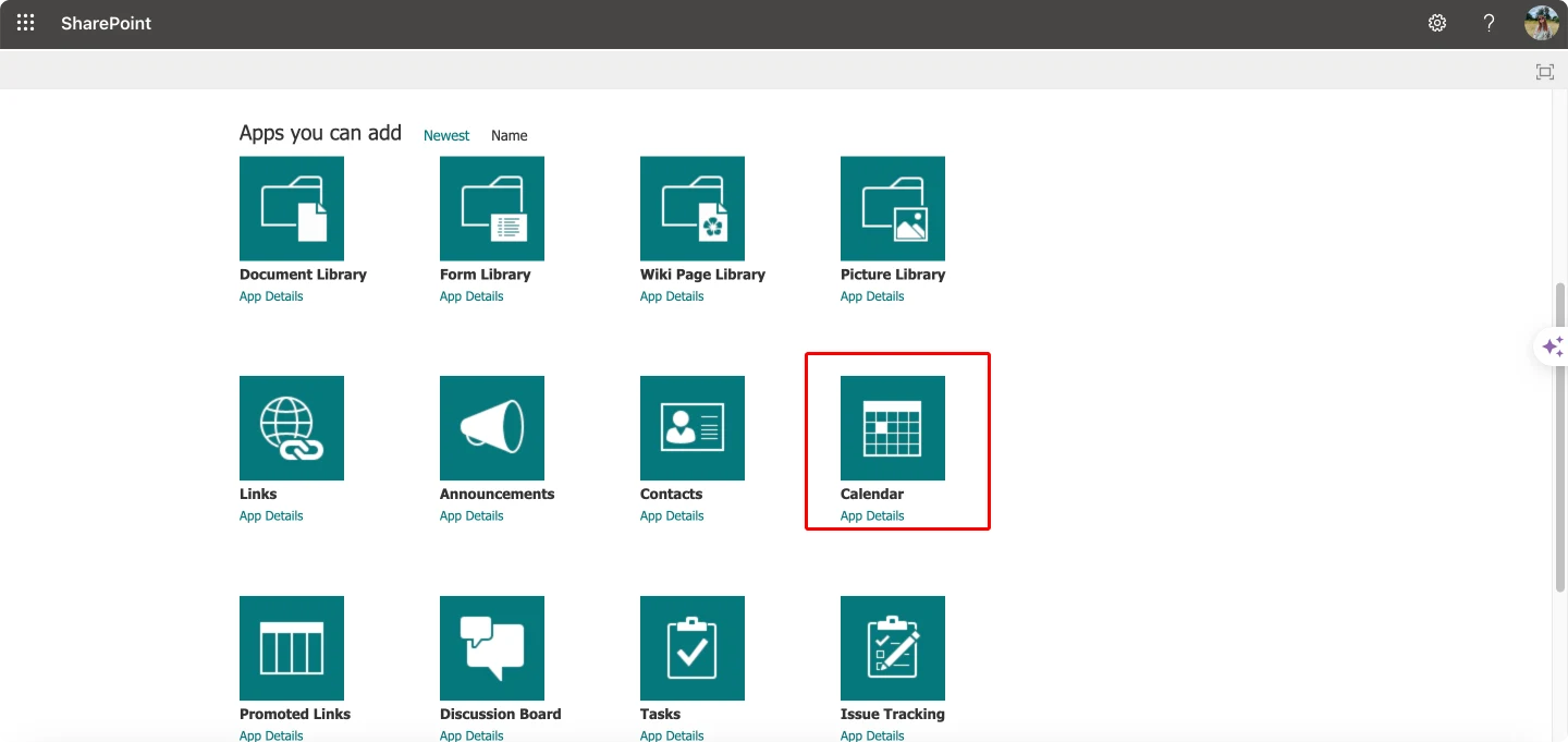 Navigating to the calendar app in SharePoint.