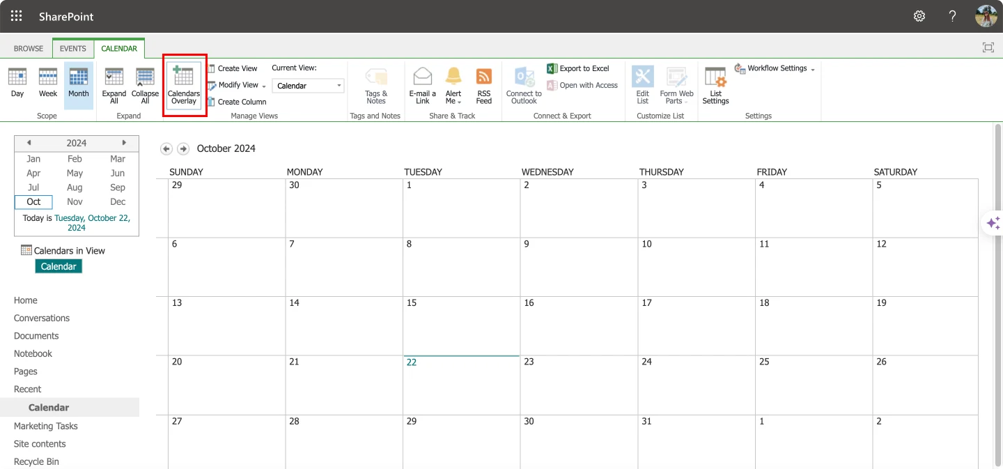 Navigating to the overlay function in SharePoint calendar.