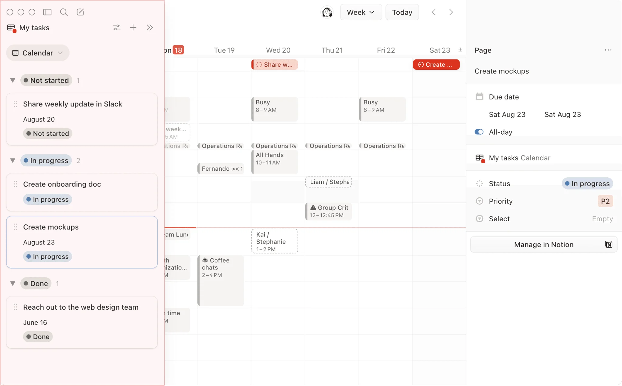 Notion calendar database with linked tasks