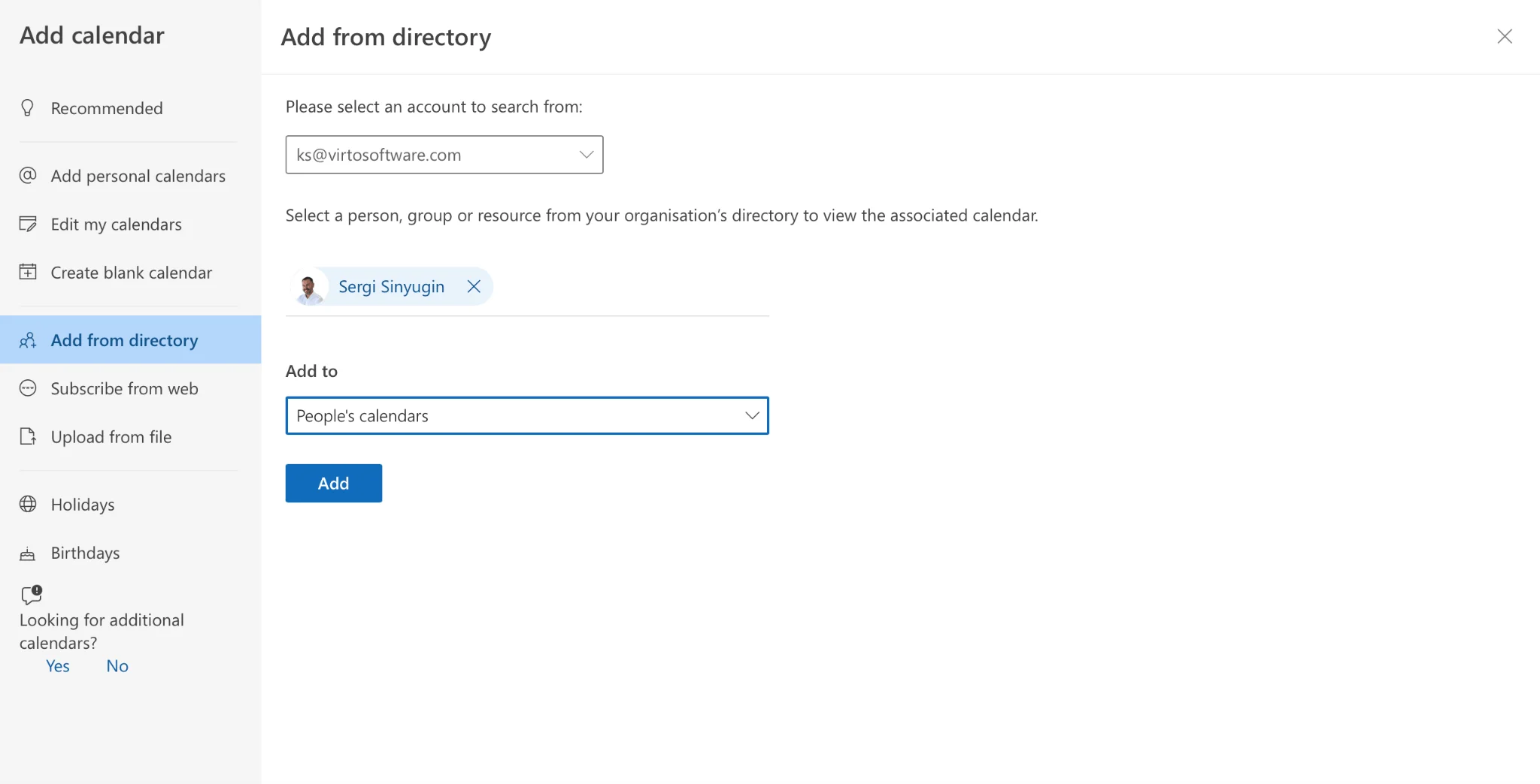 Outlook Add Calendar from directory dialog