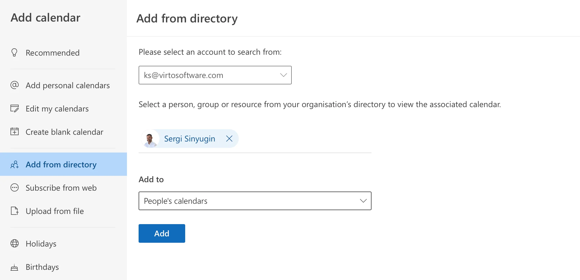 Adding a Microsoft 365 Group calendar from directory in Outlook