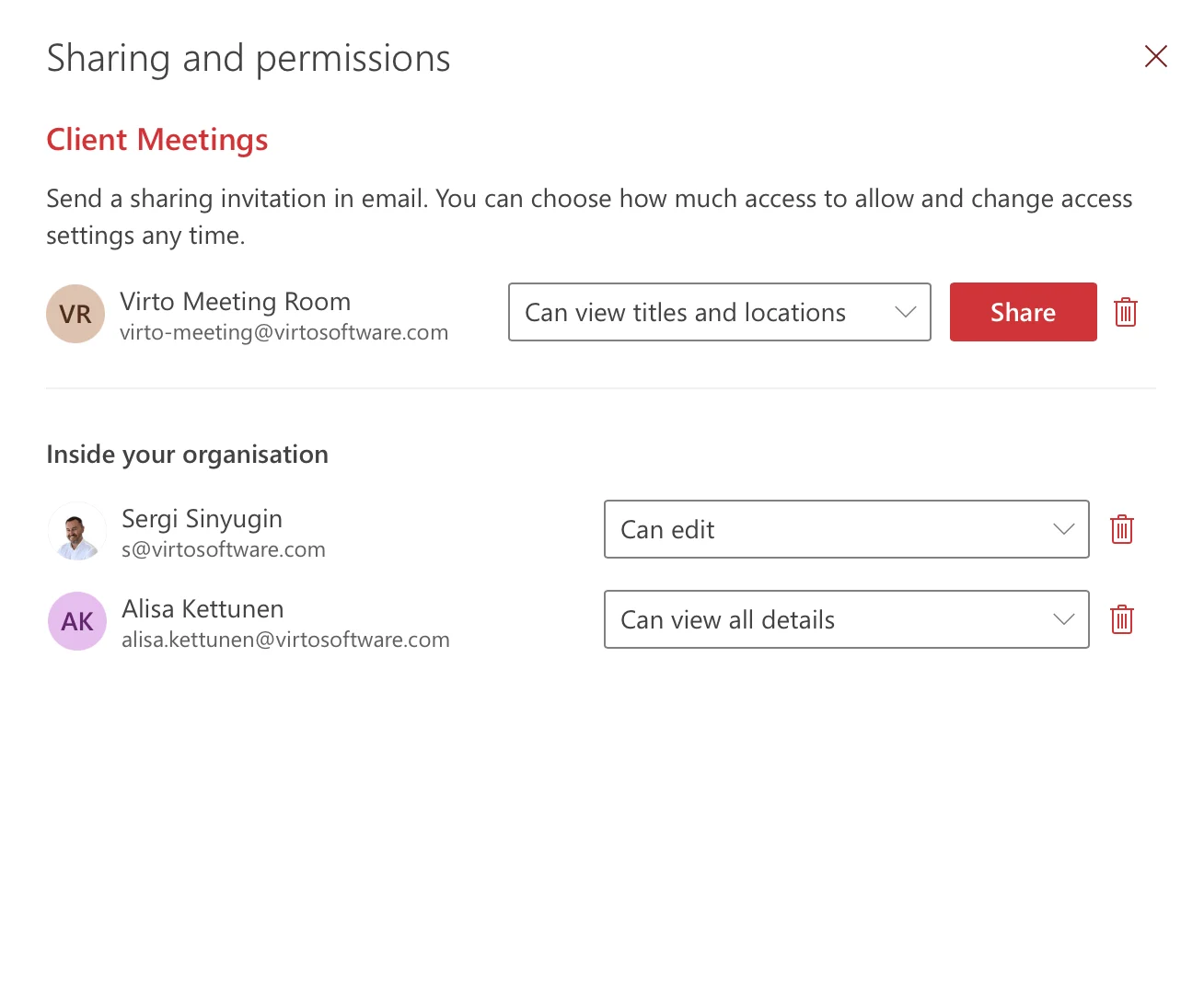 Add recipients and set calendar permission levels
