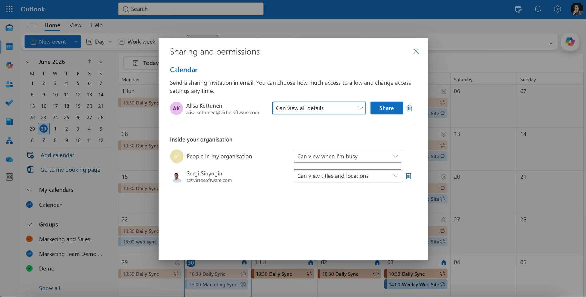 Two-click path to sharing Outlook calendar