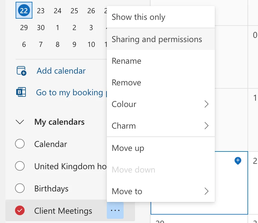 Outlook calendar sharing and permissions menu