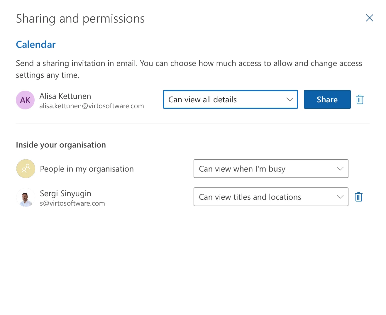 Sharing an Outlook calendar with permission levels