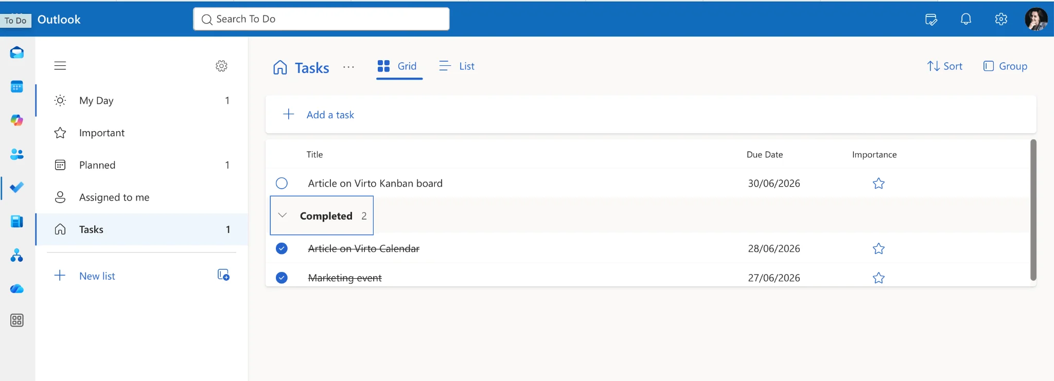 Outlook Calendar with To Do tasks panel