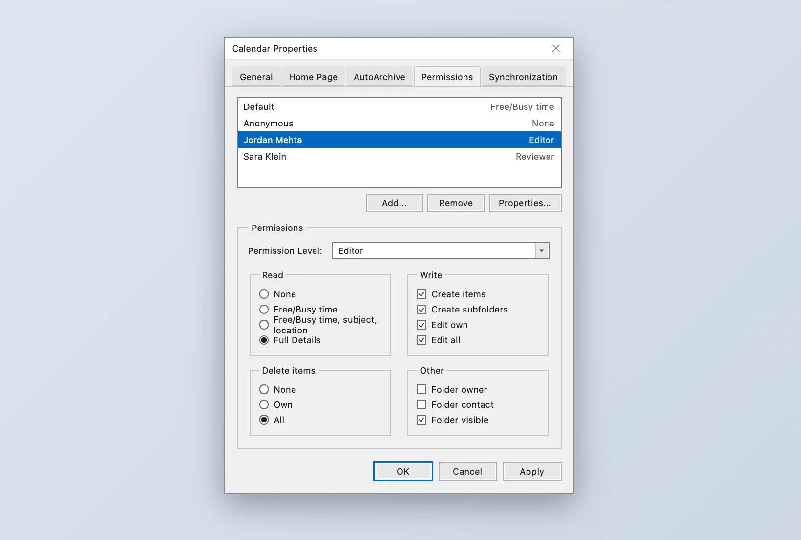 Setting calendar permissions in Outlook desktop app