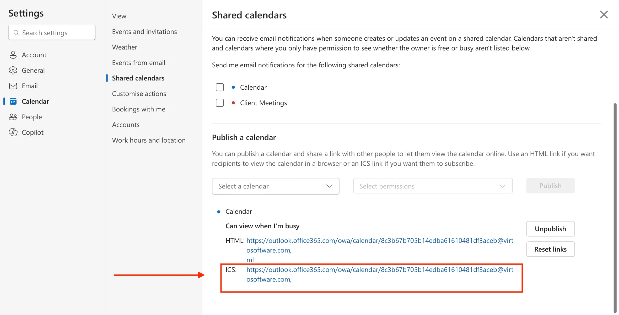 Outlook ICS link with Copy link highlighted
