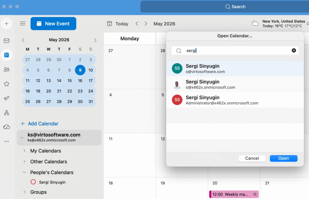 Searching for a person&rsquo;s calendar in Outlook for Mac