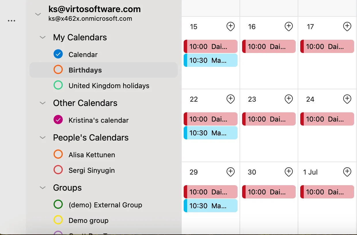 Selecting calendars to view in Outlook for Mac