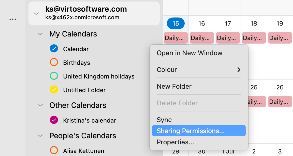 Navigating to Sharing Permissions in Outlook for Mac