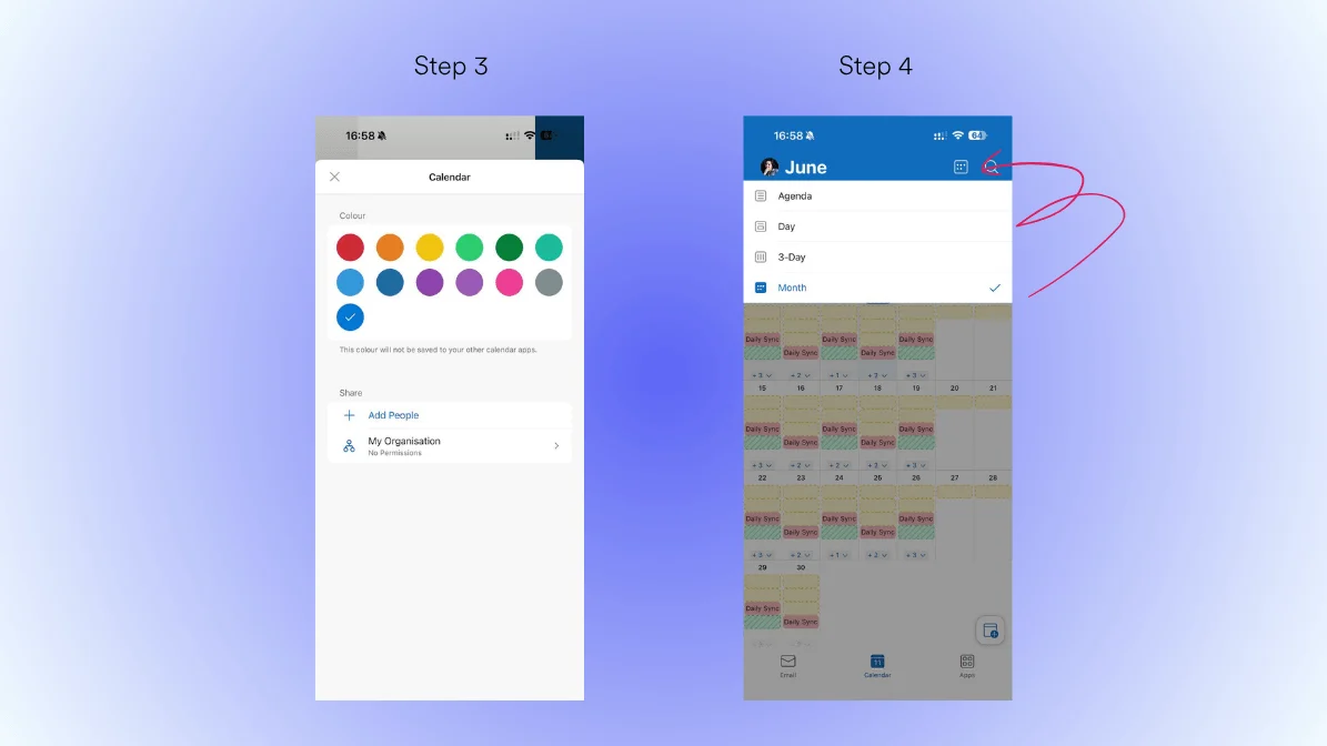 Selecting colors and views in Outlook mobile