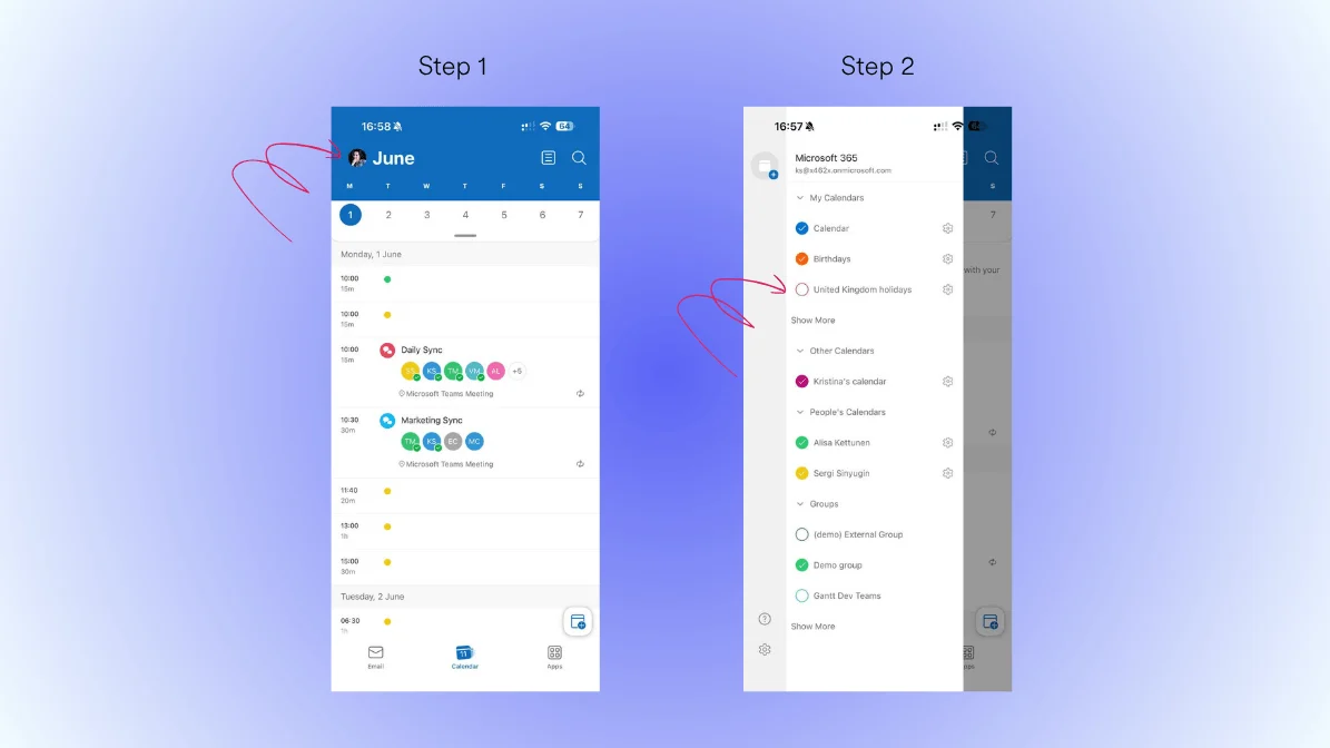 Viewing calendars in Outlook mobile combined view