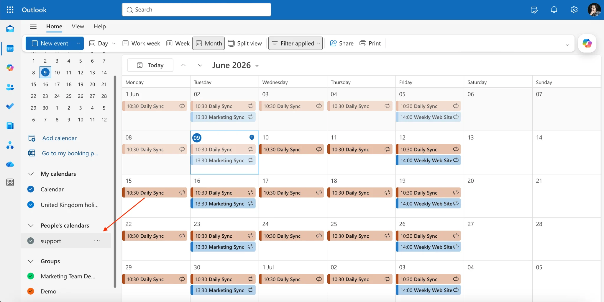 Ticking the shared-calendar checkbox in New Outlook navigation pane