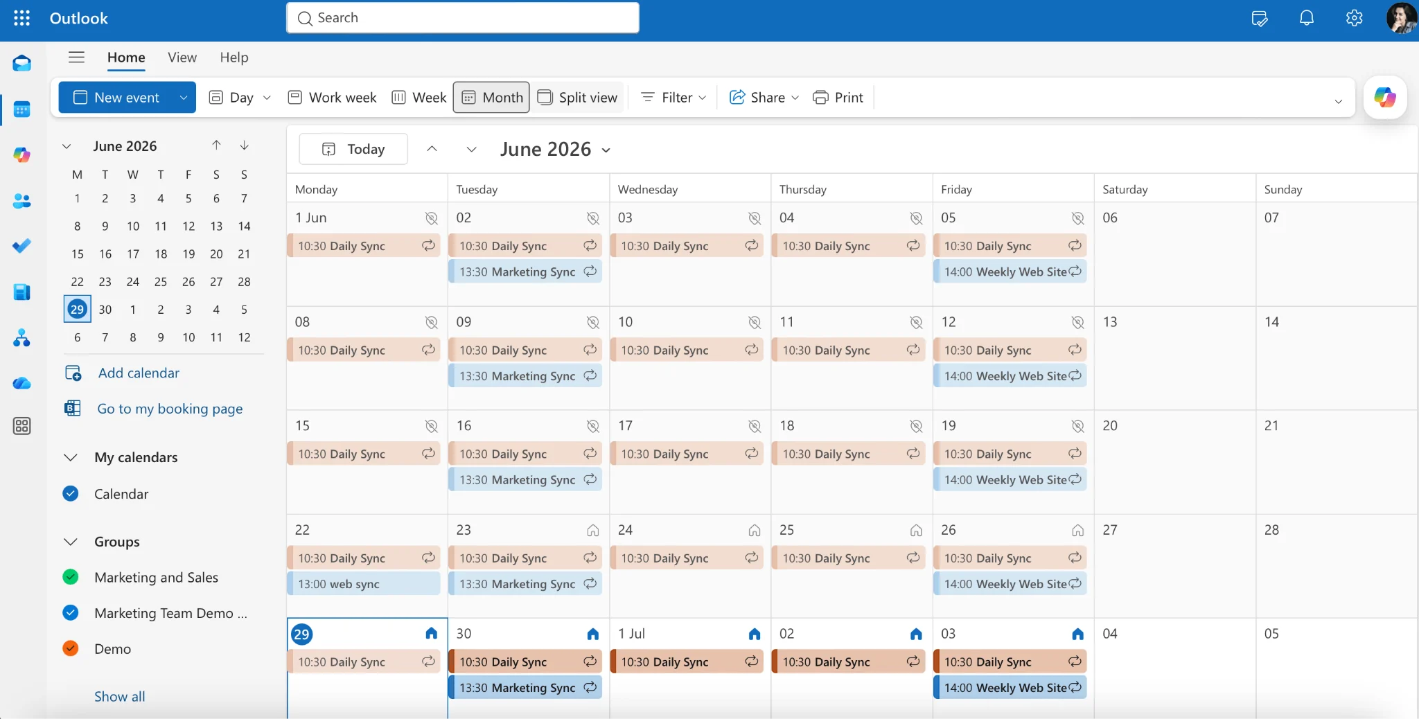 Outlook calendars displayed in color-coded overlay mode